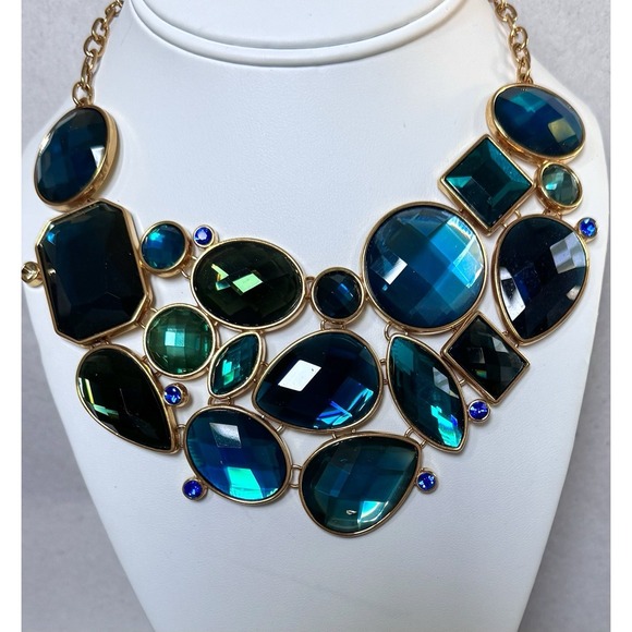 Joan Rivers Jewelry - Vintage Joan Rivers Blue Teal Crystal Bib Necklace Gold Tone Statement